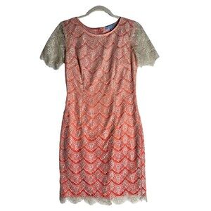 Antonio Melani Shift Dress Salmon Crochet Lace Lined Short Sleeve Size 4